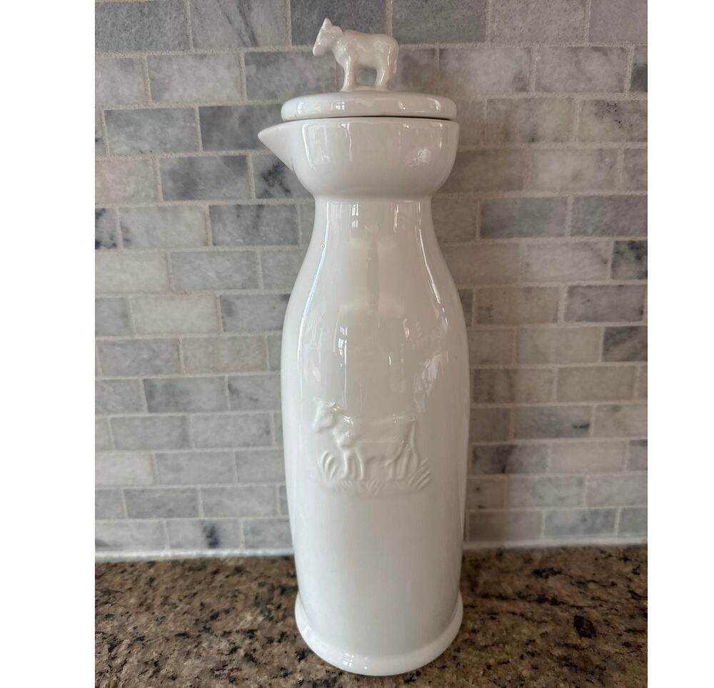 Vintage Pier 1 Imports Cow Ceramic Canister Pitcher Lid Farmhouse 2000s